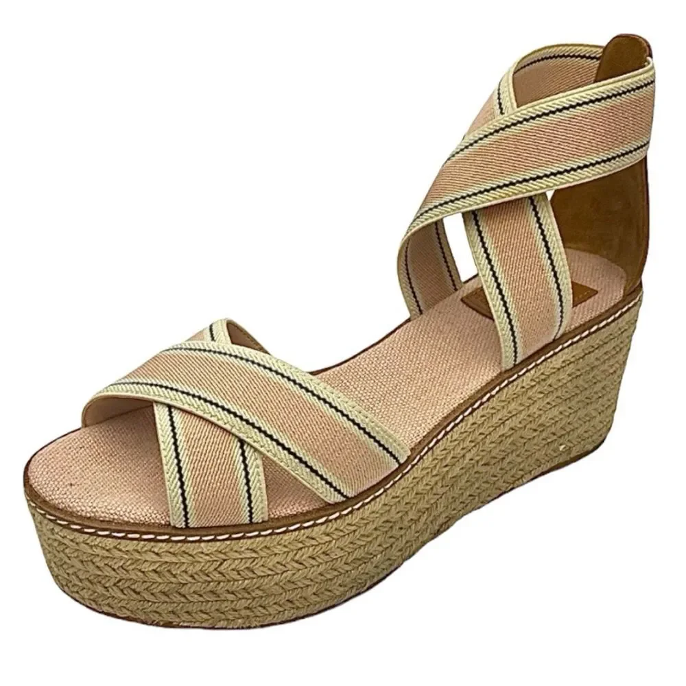Tory Burch Frieda Espadrille Wedge Sandals Blush Stripe Tan Size 8M